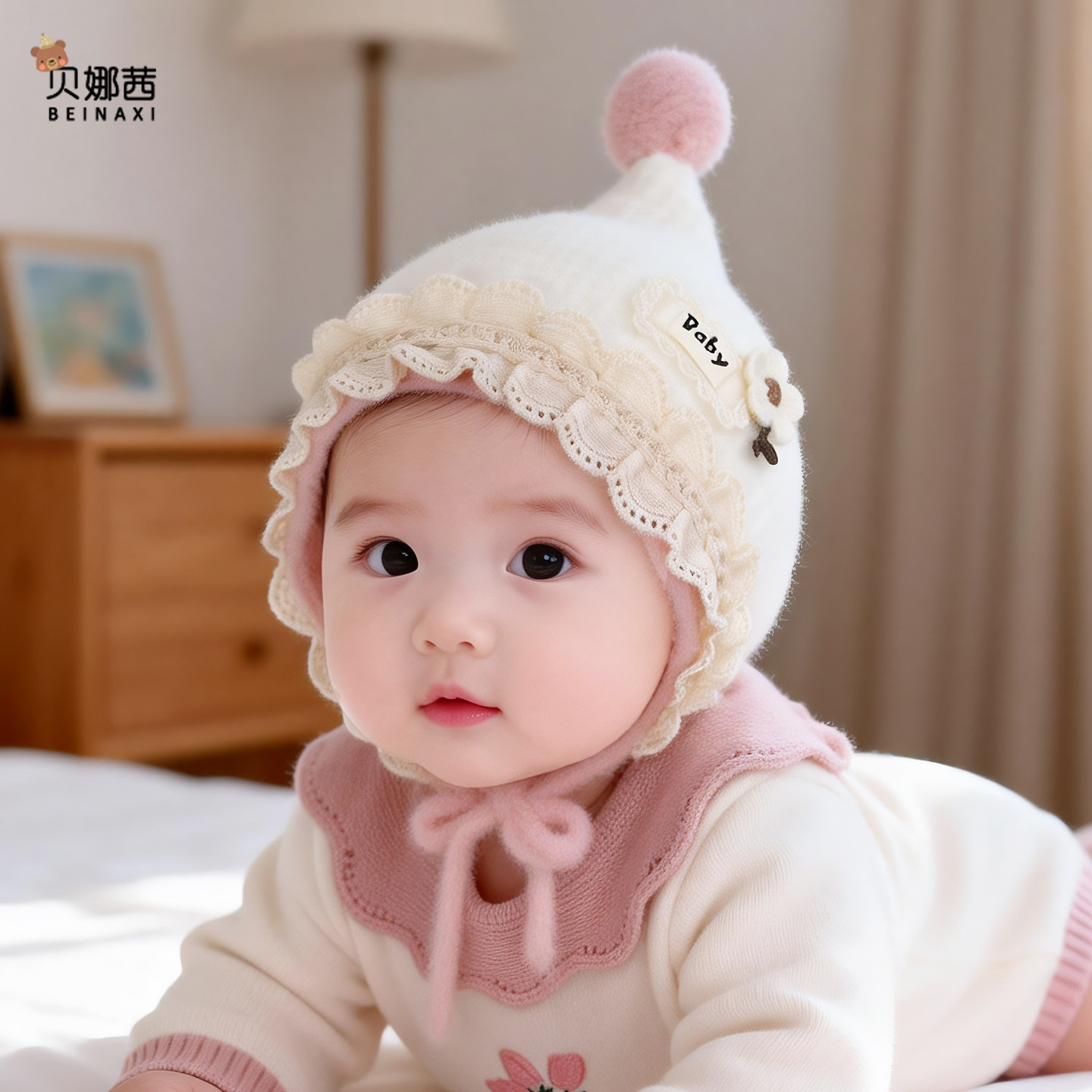 婴儿帽子秋冬季女宝宝公主风防风保暖护耳帽婴幼儿外出针织帽冬天