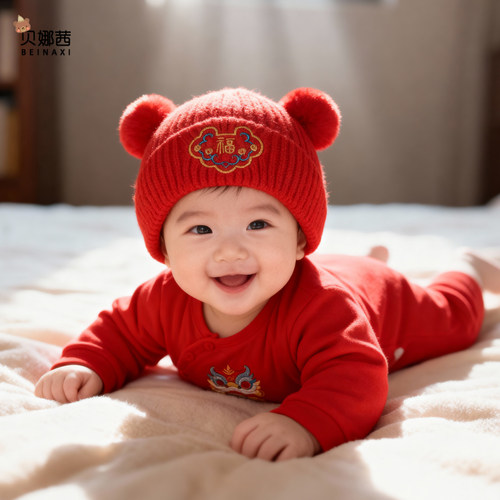 贝娜茜婴儿帽子秋冬季红色毛线帽