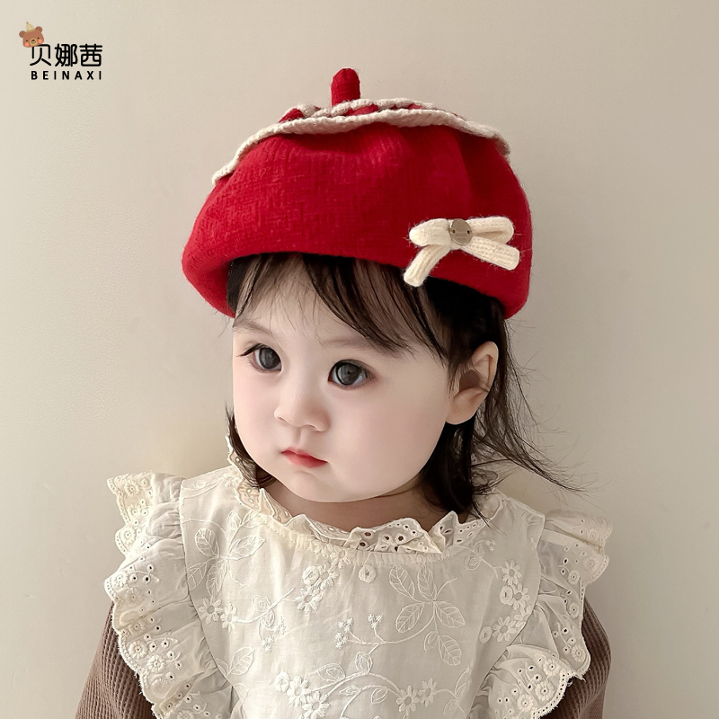 宝宝秋冬帽子红色可爱贝雷帽