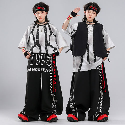 hiphop街舞童装嘻哈潮牌儿童潮服男童宽松短袖条纹炸街演出服男孩