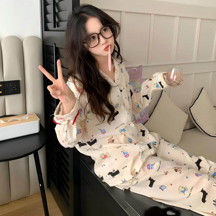 睡衣女秋季甜美可爱小动物云朵棉睡袍/浴袍