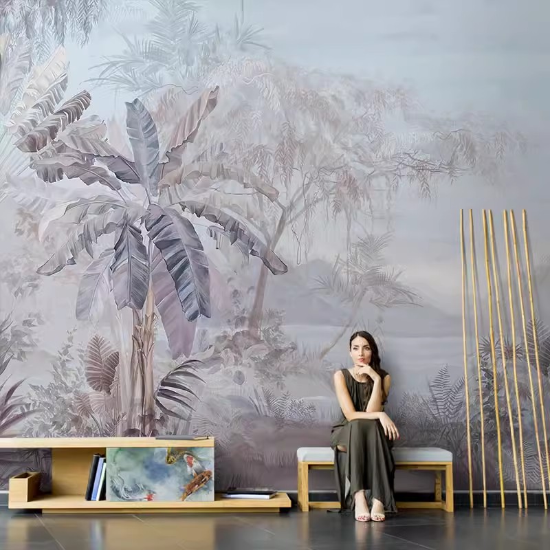 东南亚手绘芭蕉叶个性壁画