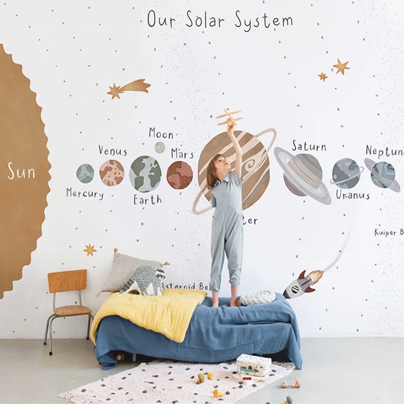 良印太阳星系插画壁纸北欧风儿童房墙纸定制男孩女孩卧室背景墙布