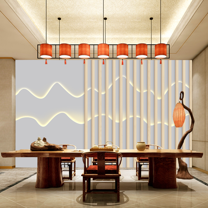 新中式山水画墙纸8d立体养生馆装饰墙布壁画木格栅背景墙茶室壁纸图片