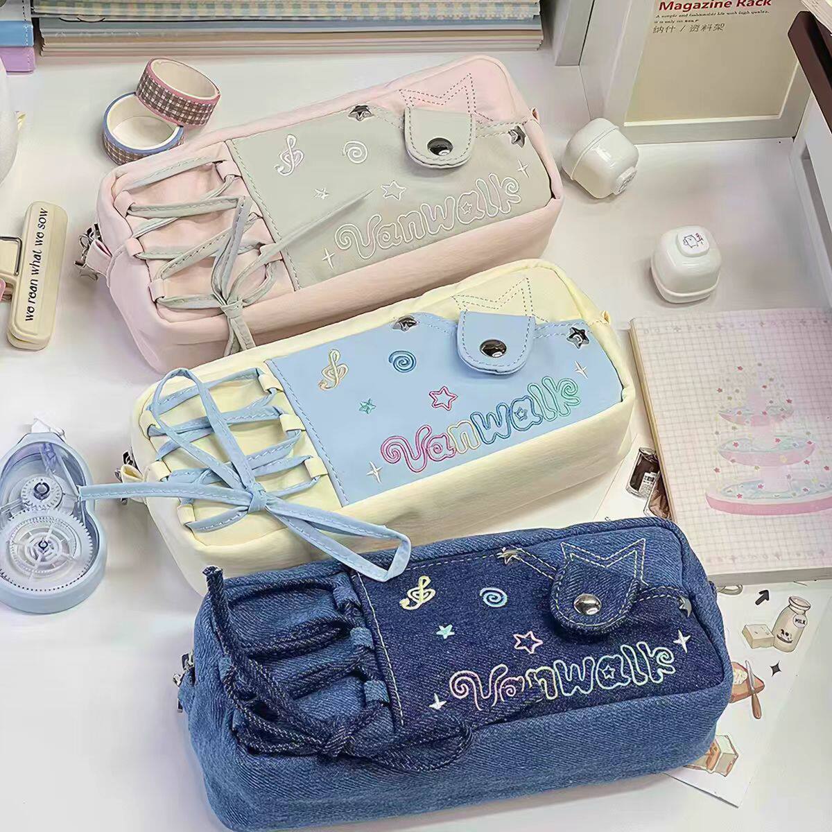 ins风可爱多简约星星音符笔袋大容量小众学生文具女生收纳帆布袋