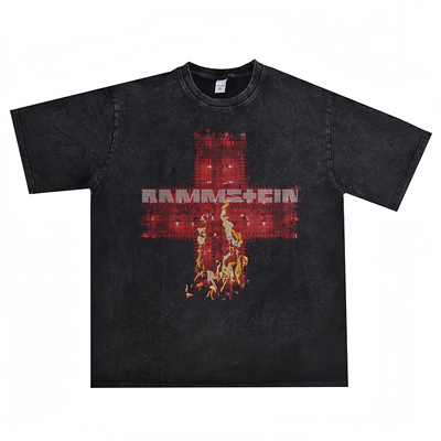 rammstein德国战车工业金属摇滚个性喷印短袖T恤宽松重磅纯棉做旧