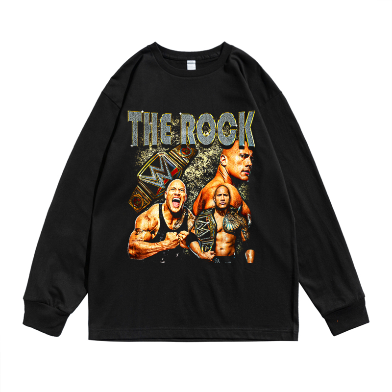 欧美男演员巨石强森强森the rock人物印花圆领t恤长袖宽松纯棉