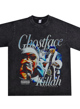 数码直喷硬核说唱歌手GhostfaceKillah做旧T恤短袖宽松重磅纯棉