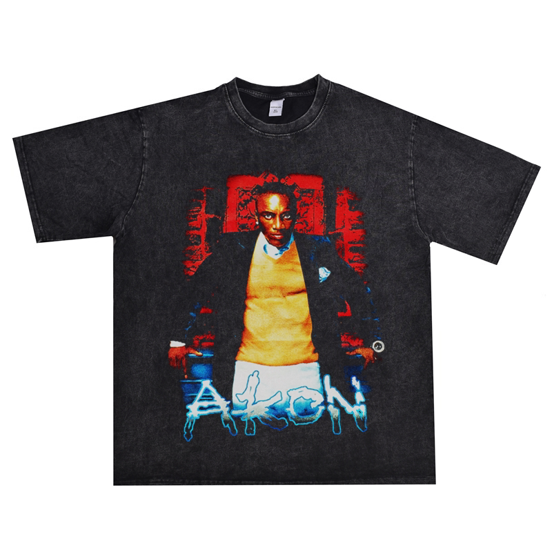 流行歌手akon阿肯说唱嘻哈饶舌纯棉印花水洗做旧t恤短袖男女宽松