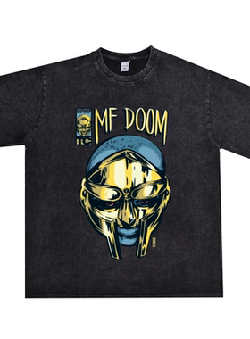 直喷MF DOOM铁面孔嘻哈说唱歌手印花T恤重磅纯棉美式宽松男女国潮