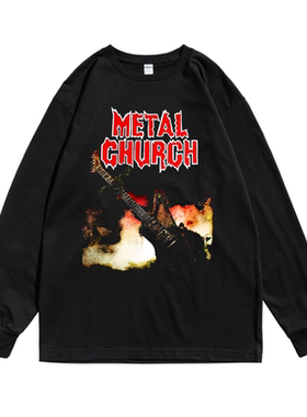 欧美黑色金属摇滚Metal Church乐队印花圆领长袖T恤宽松纯棉男女