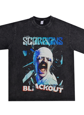 欧美重金属摇滚蝎子乐队Scorpions短袖印花棉水洗做旧T恤男女宽松
