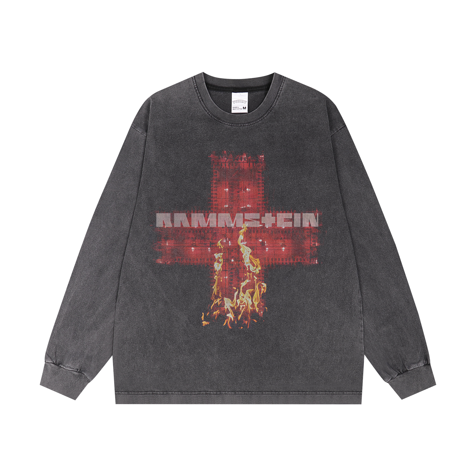 rammstein德国战车工业金属摇滚个性喷印印花长袖T恤宽松复古做旧