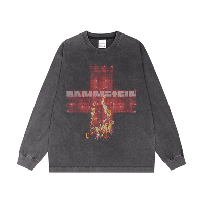 rammstein德国战车工业金属摇滚个性喷印印花长袖T恤宽松复古做旧