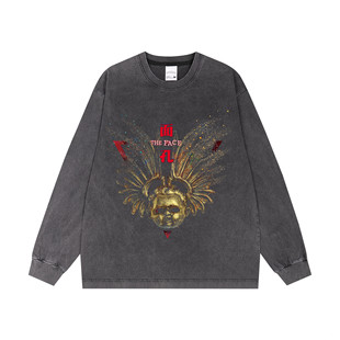 数码直喷摇滚面孔乐队印花长袖T恤重磅纯棉嘻哈男女个性美式复古