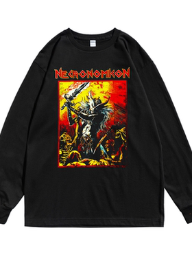 死亡金属摇滚Necronomicon乐队印花圆领长袖T恤宽松纯棉男女同款