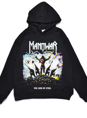直喷Manowar战神乐队战士帮印花加厚连帽卫衣男女宽松嘻哈个性