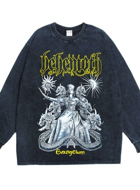 数码直喷behemoth巨兽摇滚乐队印花T恤长袖宽松重磅纯棉男女同款