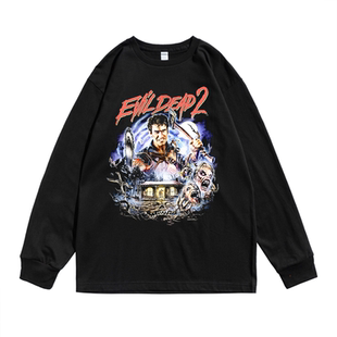 欧美经典怀旧老电影鬼玩人个性设计海报印花圆领T恤长袖宽松男女