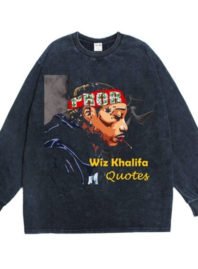 维兹·卡利法Wiz Khalifa说唱嘻哈歌手印花长袖T恤宽松重磅纯棉