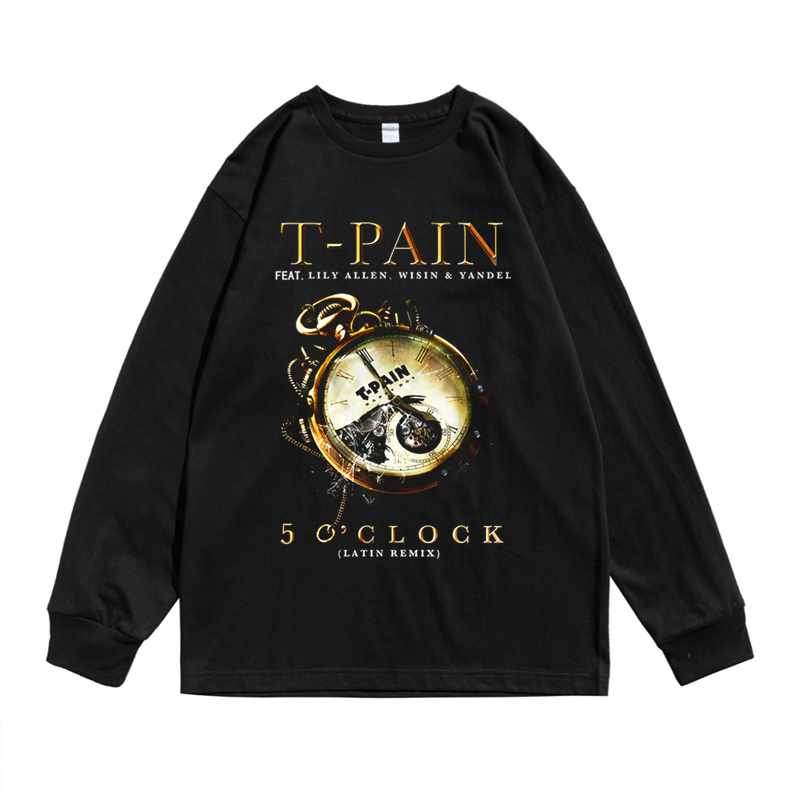 美国流行南方说唱T-Pain专辑5 O'Clock封面印花个性长袖T恤宽松