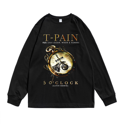 美国流行南方说唱T-Pain专辑5 O'Clock封面印花个性长袖T恤宽松