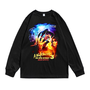 欧美经典怀旧老电影猛鬼街个性海报设计T恤长袖宽松纯棉男女同款