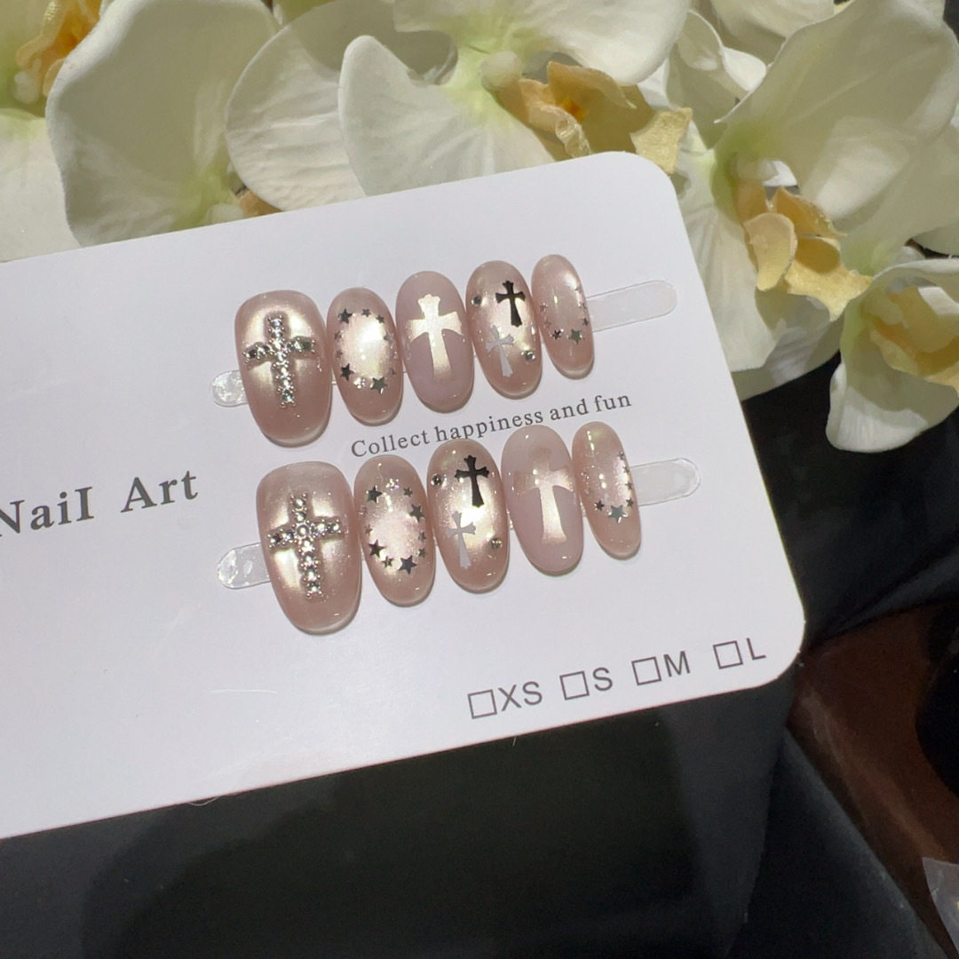 【裸粉圣约】清冷破碎感美甲星星十字架碎钻甜酷辣妹成品穿戴甲,彩妆/香水/美妆工具,穿戴甲/甲片,淘宝优惠券,粉丝福利购,淘宝优惠卷