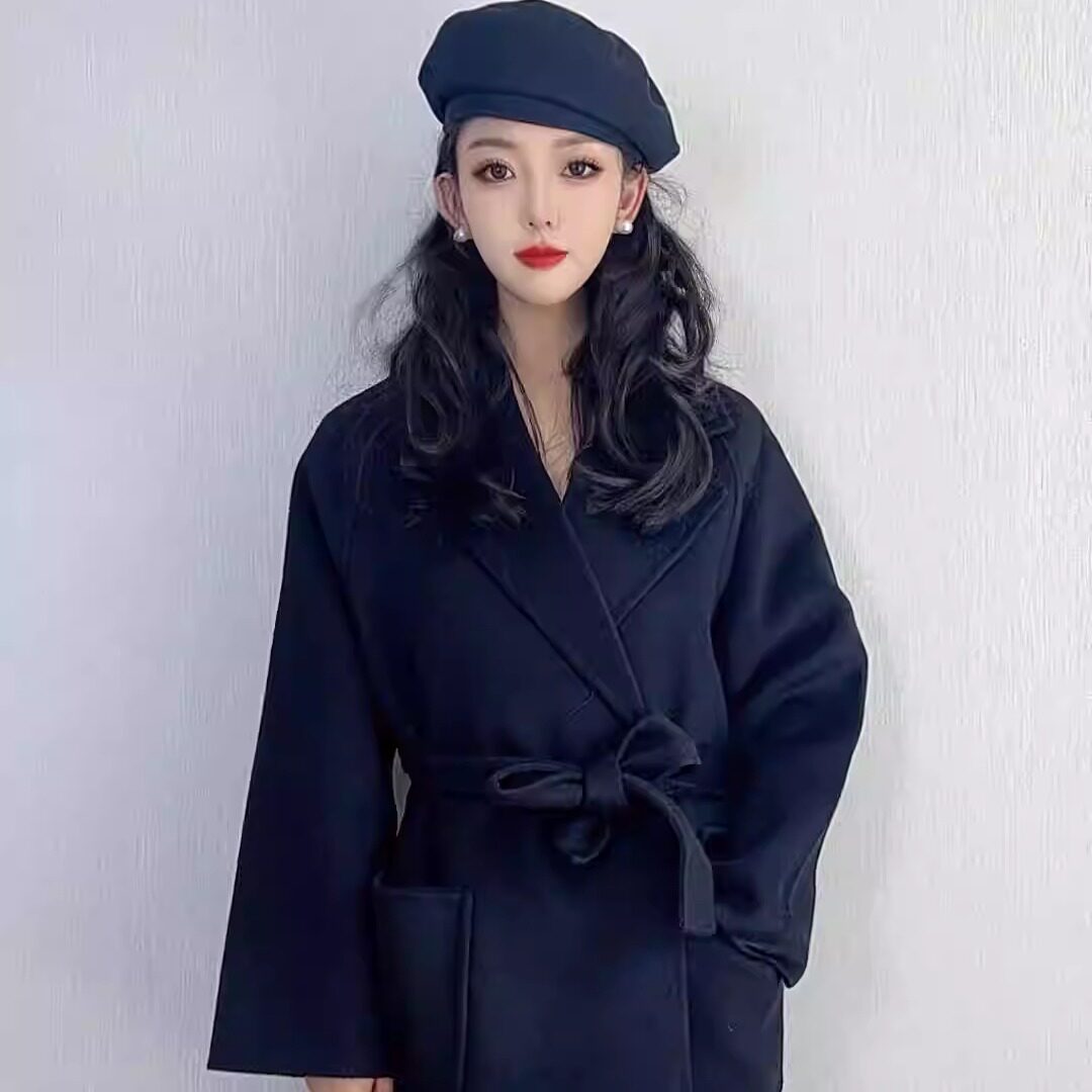 2024秋冬新款双面羊毛大衣女中长款小个子黑色羊毛呢外套赫本风