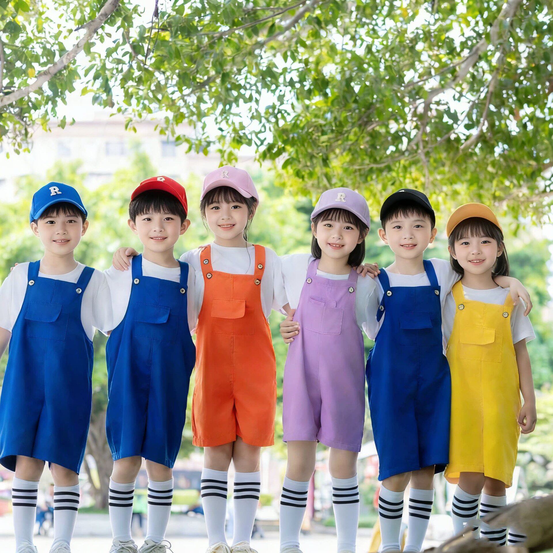 六一幼儿园大合唱表演服装背带裤团体舞蹈儿童啦啦队演出服小学生