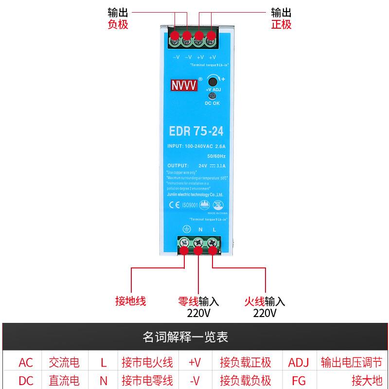 NVVVEDR-75导轨开关电源(75W左右)工业级导轨电源12v6a24v3aEDR-7