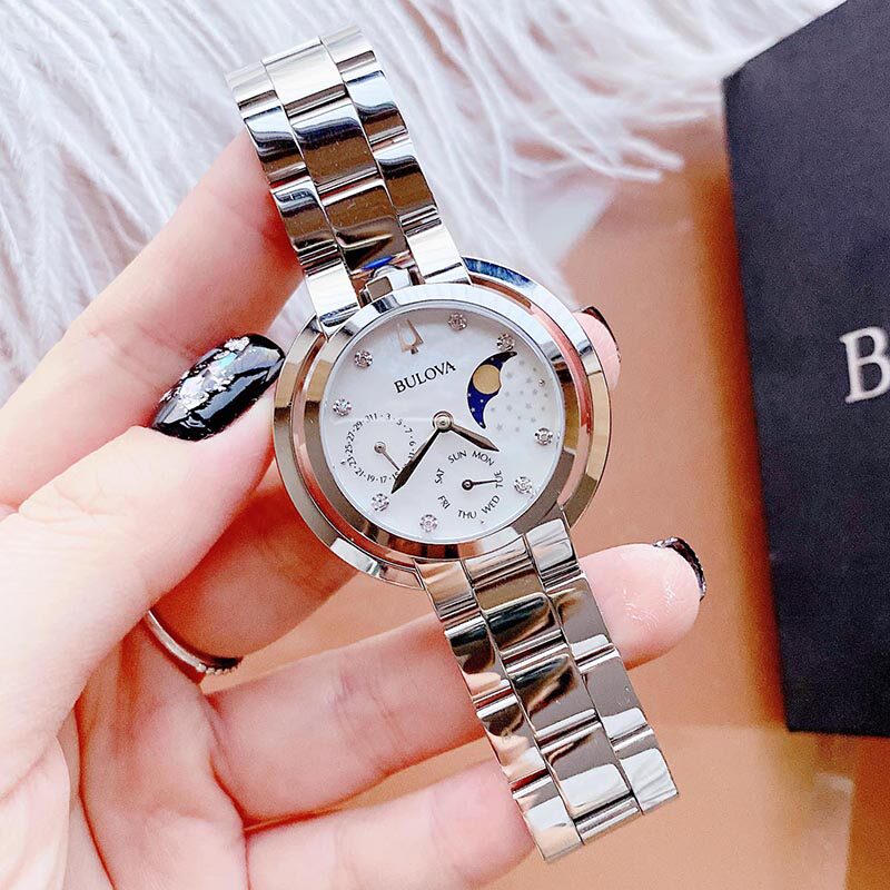 正品宝路华BULOVA镶钻珍珠母贝月相蓝宝石大表盘石英女手表96P213