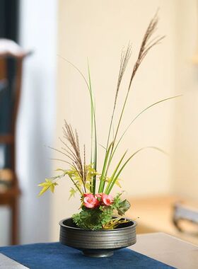 鎏金高脚碗型花器中式日式茶空间茶席桌面插花器皿 民宿客厅摆件