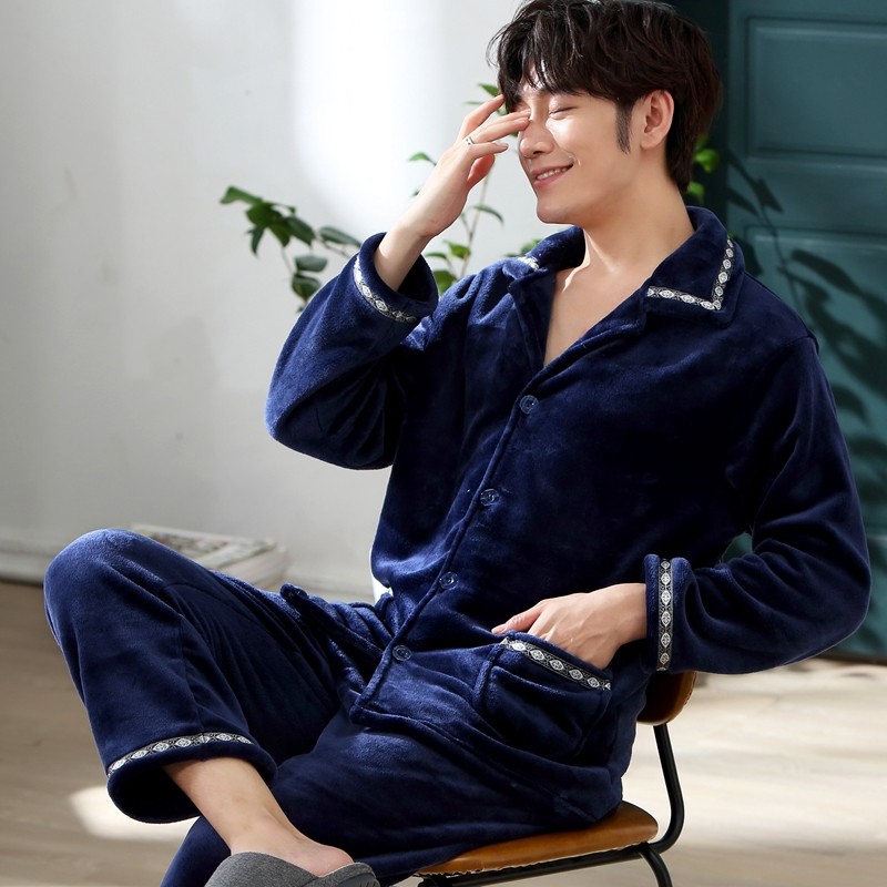 加绒睡衣男秋冬长袖加厚保暖法兰绒套装家居服男士珊瑚绒加绒大码