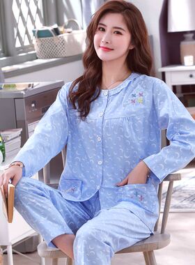 睡衣女士春秋款100%纯棉长袖全棉家居服夏梭织棉布加大码薄款套装