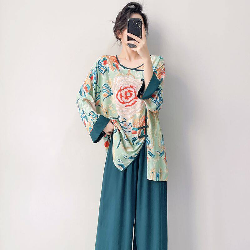 国风棉绸睡衣女春秋长袖人造棉家居服绵绸套装夏薄款大码中式外穿