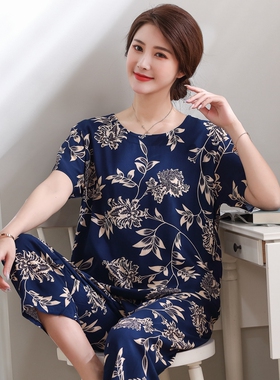 中老年棉绸睡衣女士夏季绵绸短袖加大码人造棉两件套妈妈套装薄款