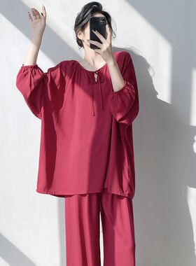 棉绸睡衣女春秋红色套装圆领25年新款夏季宽松绵绸薄款大码家居服