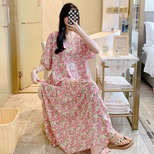 女棉绸连衣裙法式 睡裙人造棉裙子 春夏季 可外穿宽松蛋糕裙长裙大码