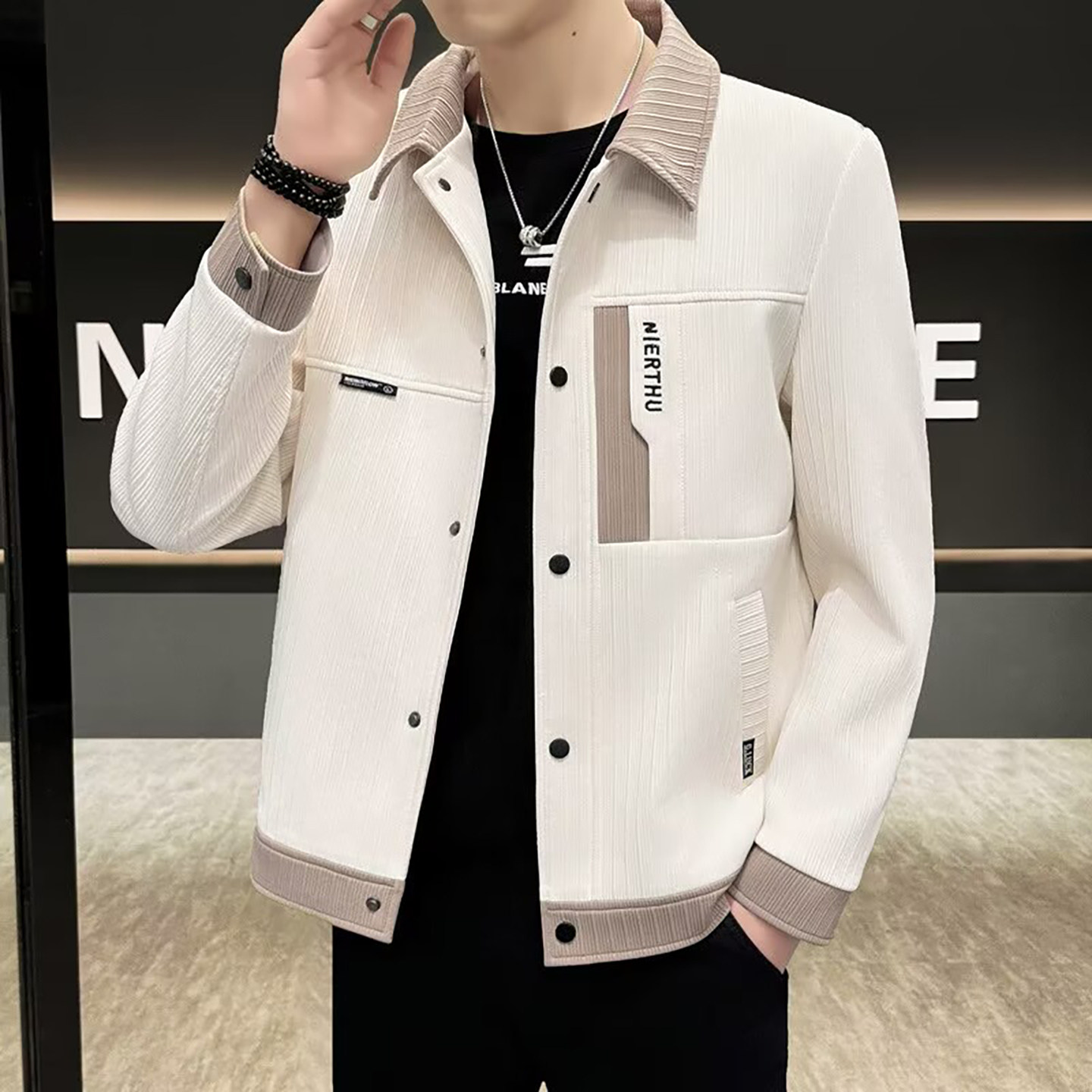 宏嫩甄选男装高端轻奢翻领夹克春秋时尚休闲工装外套潮流百搭上衣