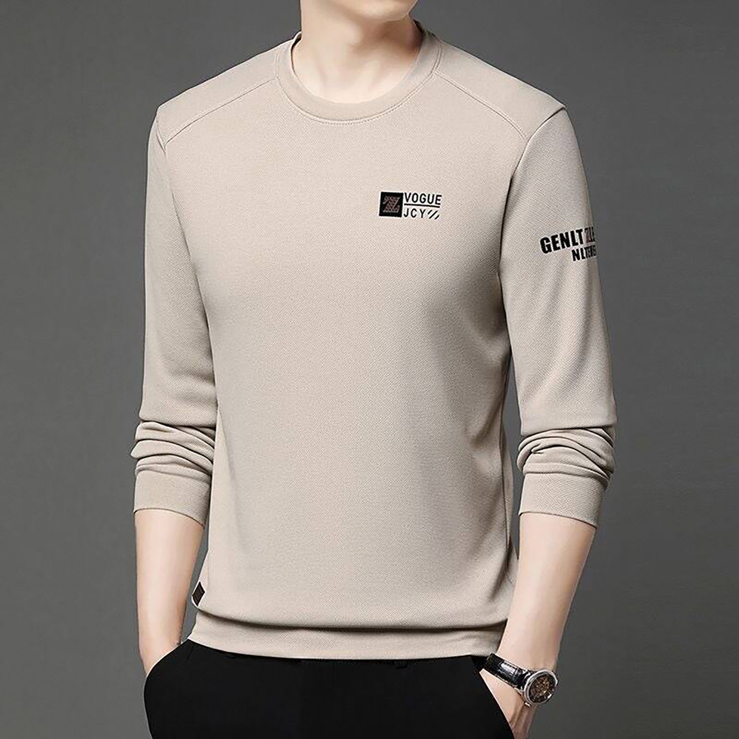 练秀韩VOGUE男装高档印花卫衣秋冬男士款加绒打底衫休闲长袖上衣