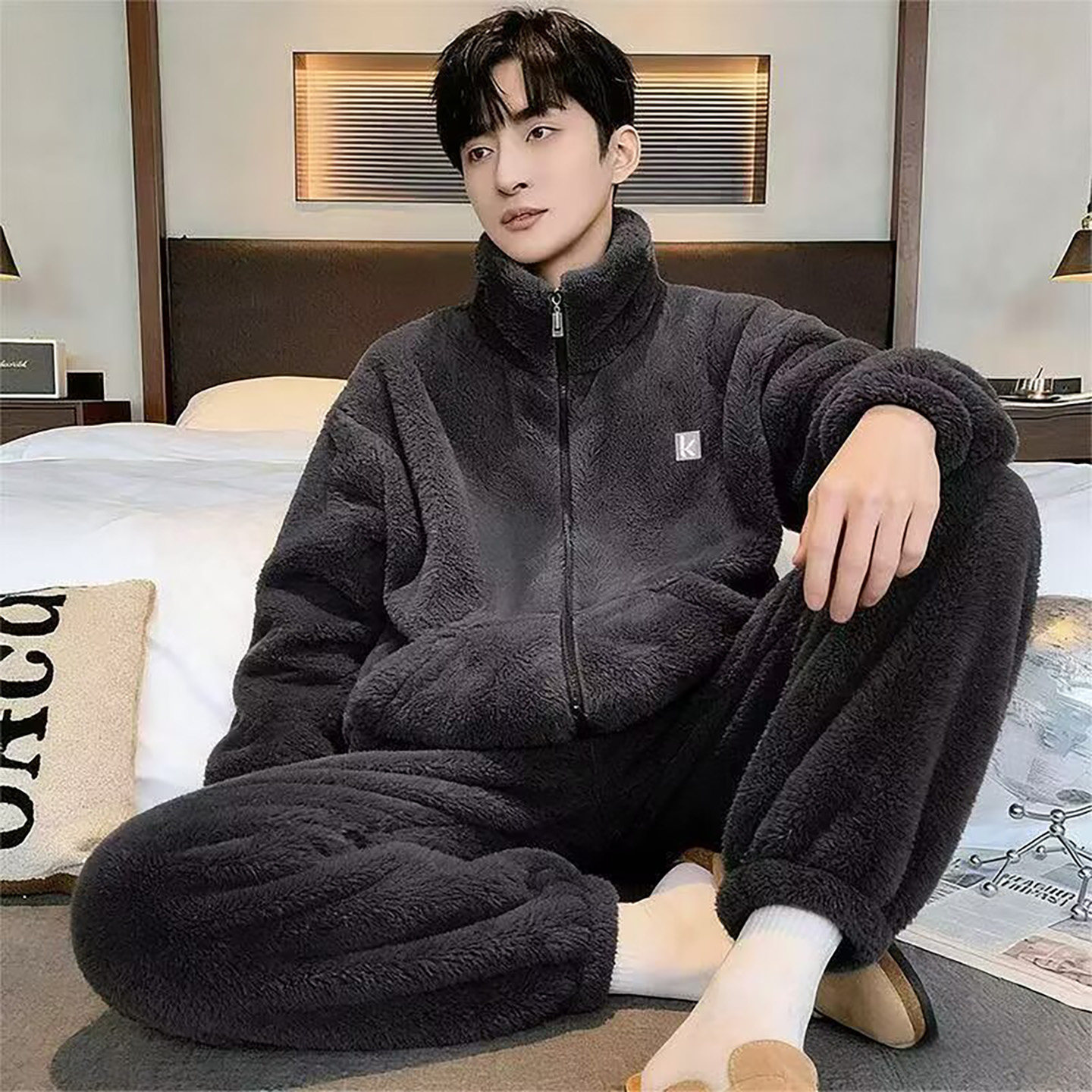 凯丽百货高档男士加绒加厚睡衣冬季毛绒保暖拉链可外穿家居服套装