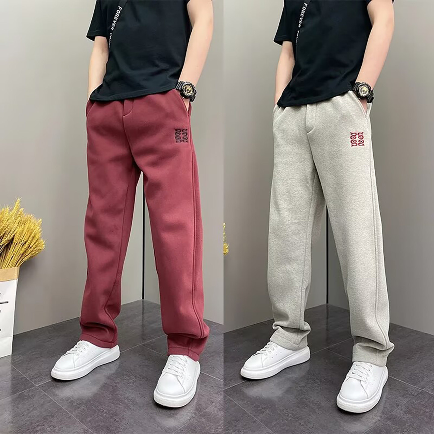 宏嫩男裤高端轻奢刺绣加绒休闲裤秋冬男士款直筒阔腿裤痞帅卫裤子