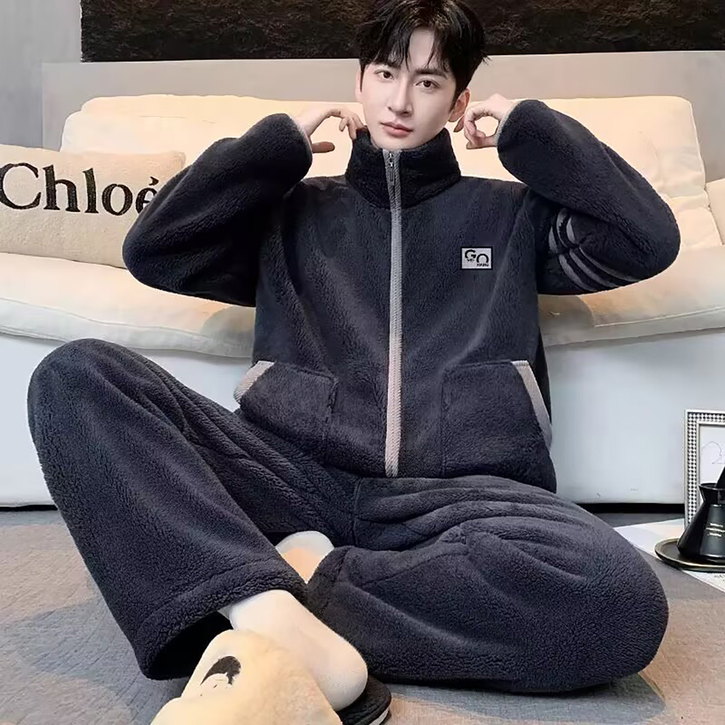 恒清精选好物高档法兰绒睡衣秋冬男士款珊瑚绒保暖立领家居服套装