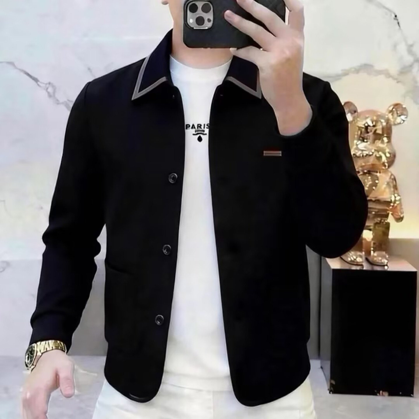 今泽服饰男装高档轻奢翻领纽扣外套春秋男士时尚百搭潮流夹克上衣