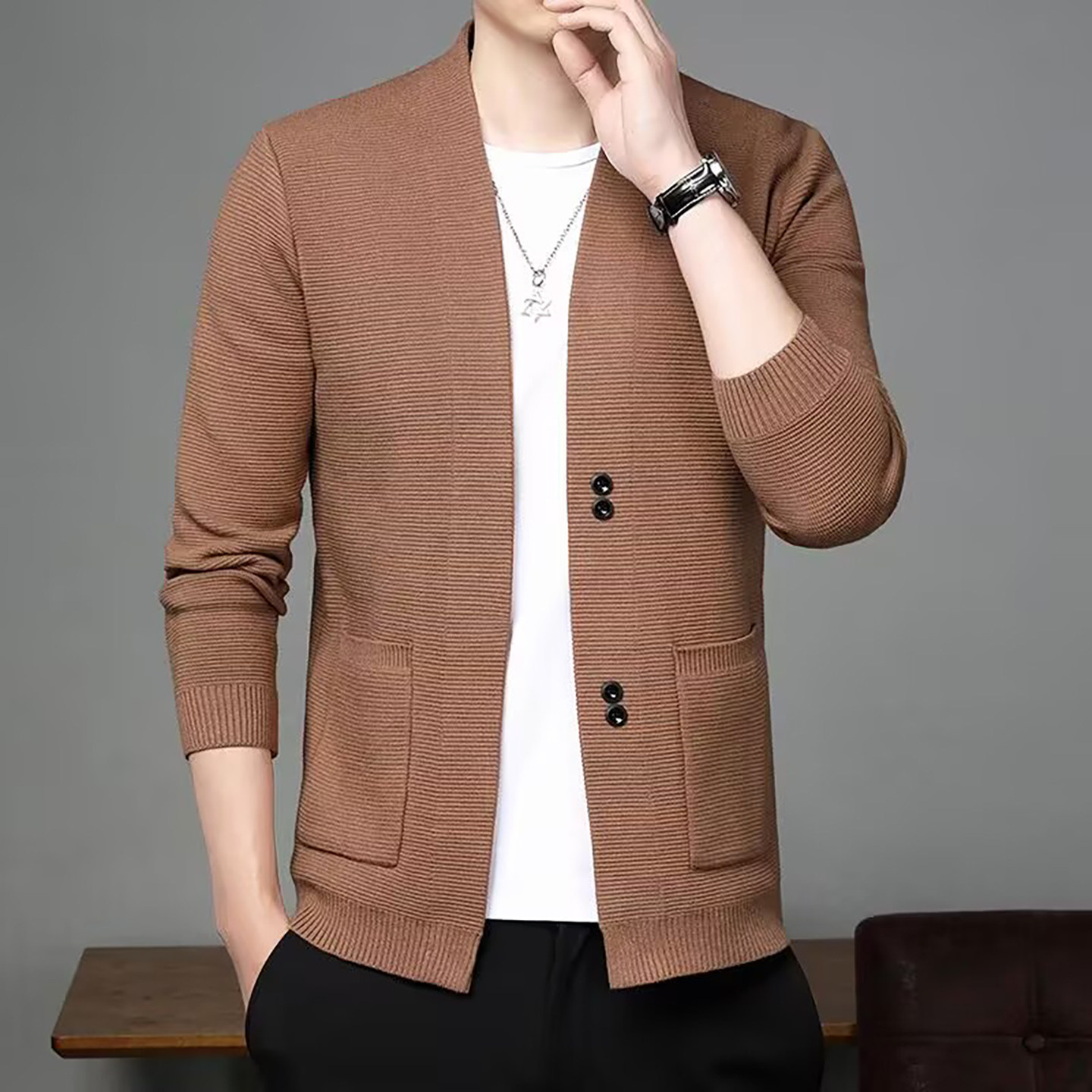 宏嫩男装高档商务休闲针织开衫春秋男士长袖毛衣外套时尚潮流上衣