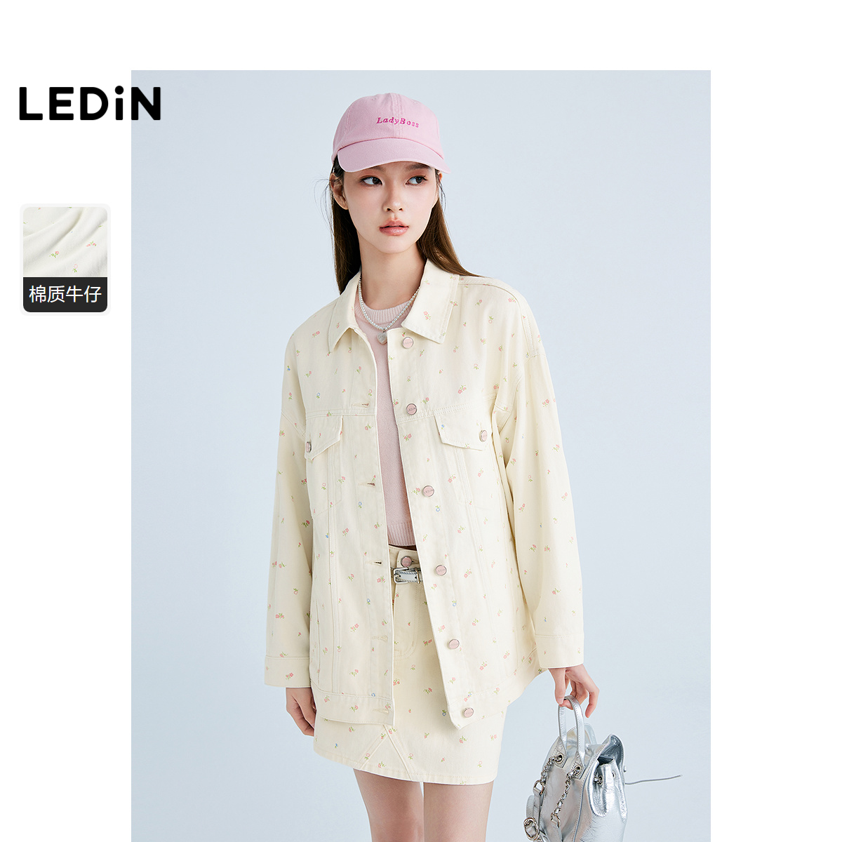 【商场同款】乐町2025春新款韩系满印宽松翻领牛仔外套C1BJF1408