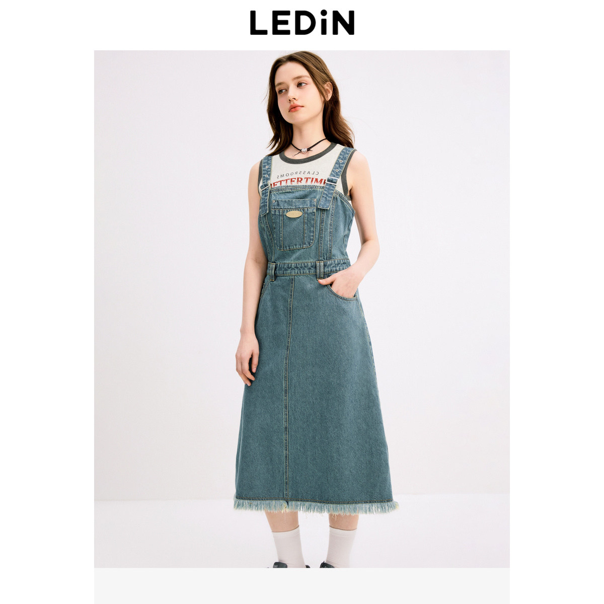 乐町牛仔背带裙秋季新款大口袋设计简约H型吊带裙宽松长裙,女装/女士精品,连衣裙,淘宝优惠券,粉丝福利购,淘宝优惠卷