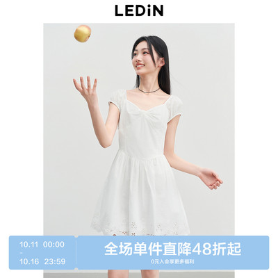 【初恋小白裙】乐町25夏季新款精致绣花连衣裙小泡泡袖蝴蝶结短裙