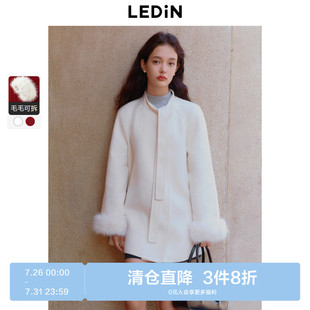 口可拆卸毛呢外套 反季 清仓 乐町甜美A摆绑带设计双面呢大衣袖